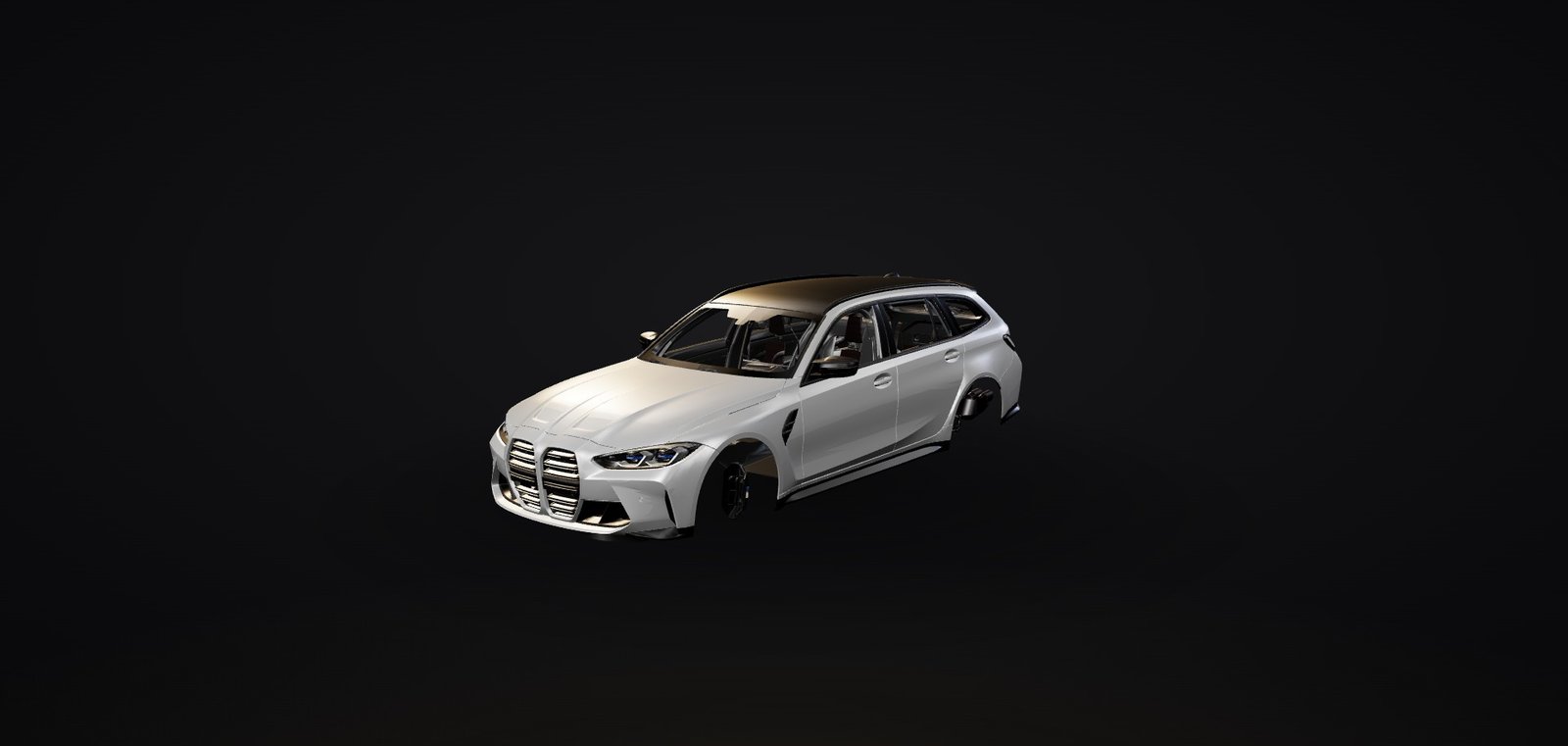 BMW M3 Touring blanco sobre fondo negro de estudio