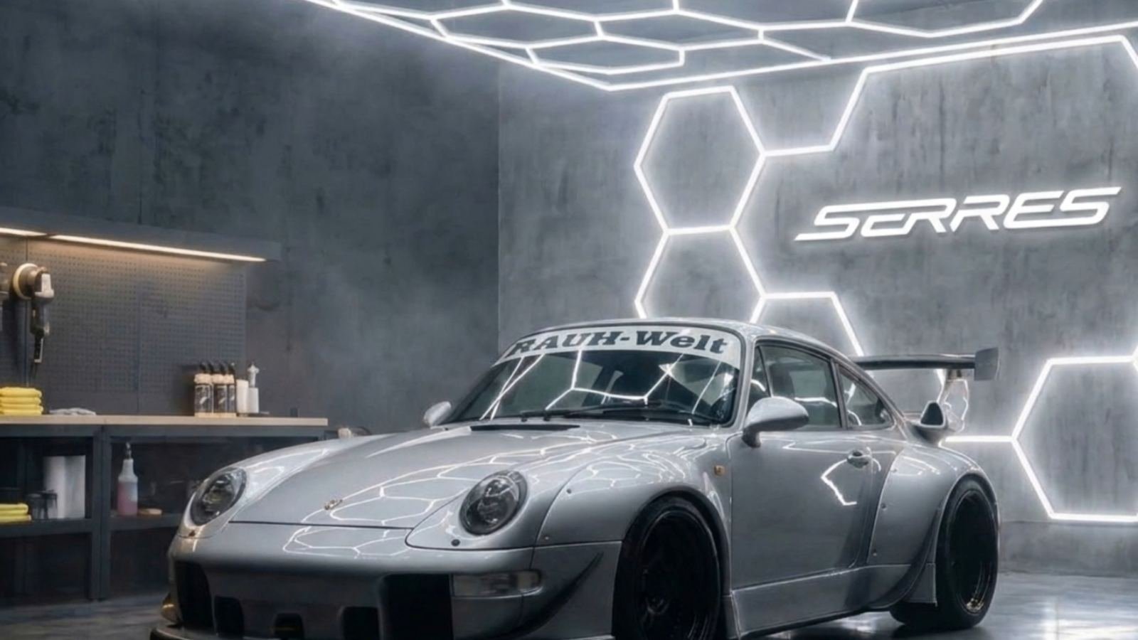Porsche 911 RWB en el taller de Serres Wrap Center, bajo iluminación hexagonal